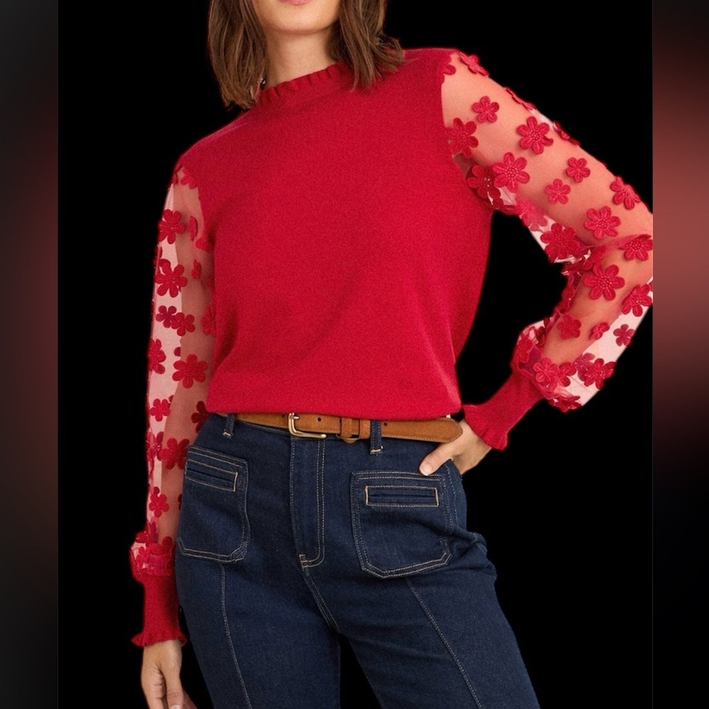 Red Floral mesh Sleeves Sweater
